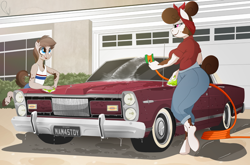 Size: 1500x990 | Tagged: safe, artist:phyll, derpibooru import, oc, oc only, oc:belamina mocha, oc:spotz, anthro, car, female, foal, ford, ford galaxie, house, male, milf