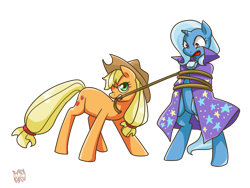 Size: 800x600 | Tagged: safe, artist:norang94, derpibooru import, applejack, trixie, earth pony, pony, applejack hogtying trixie, bondage, rope, unsexy bondage