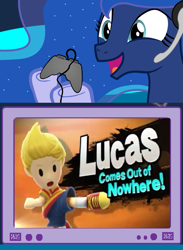 Size: 563x769 | Tagged: safe, princess luna, alicorn, pony, exploitable meme, gamer luna, lucas, meme, mother 3, nintendo, obligatory pony, super smash bros., super smash bros. 4, tv meme