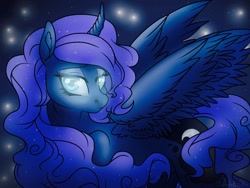 Size: 1024x768 | Tagged: safe, artist:dewdrop-210, princess luna, alicorn, pony, curved horn, solo