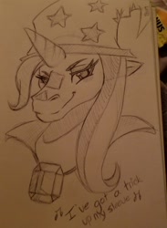 Size: 980x1342 | Tagged: safe, artist:hpbudgecraft, derpibooru import, trixie, pony, unicorn, female, hat, mare, smiling, solo, traditional art