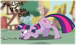 Size: 760x457 | Tagged: safe, artist:jaxstern256, derpibooru import, twilight sparkle, pony, unicorn, behaving like a dog, dis cord, face down ass up, female, floppy ears, glare, growling, mare, power cord, pun, solo