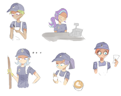 Size: 1280x1018 | Tagged: safe, artist:noahther, derpibooru import, maud pie, starlight glimmer, sunburst, thorax, trixie, human, ..., clothes, coffee, humanized, uniform, waiter