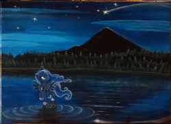 Size: 900x653 | Tagged: safe, artist:linkslove, princess luna, alicorn, pony, lake, night, shooting star, solo, spread wings, stars, traditional art, water