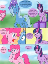 Size: 1000x1317 | Tagged: safe, artist:emilou1985, derpibooru import, pinkie pie, trixie, twilight sparkle, twilight sparkle (alicorn), alicorn, earth pony, pony, comic:signs, comic, female, folded wings, hat, mare, pregnant, present