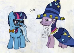 Size: 2474x1780 | Tagged: safe, artist:drewdini, derpibooru import, star swirl the bearded, trixie, twilight sparkle, alternate hairstyle, annoyed, bowtie, clothes, costume, frown, glare, glasses, night, nightmare night, nose wrinkle, traditional art