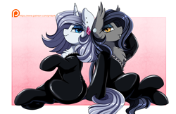 Size: 2430x1576 | Tagged: safe, artist:pridark, derpibooru import, oc, oc only, oc:platinum decree, oc:vibrant vision, bat pony, pony, unicorn, bat pony oc, catsuit, chest fluff, clothes, duo, ear piercing, earring, female, high res, jewelry, latex, latex suit, mare, milf, patreon, patreon logo, patreon reward, piercing, shiny, simple background, sitting