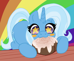 Size: 1000x825 | Tagged: safe, artist:/d/non, derpibooru import, trixie, pony, unicorn, 30 minute art challenge, :3, blushing, cinnamon bun, cute, diatrixes, female, food, nom, solo, starry eyes, wingding eyes