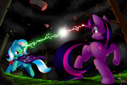 Size: 1080x720 | Tagged: safe, artist:ruffyyoshi, derpibooru import, trixie, twilight sparkle, unicorn twilight, pony, unicorn, alicorn amulet, avada kedavra, beam struggle, cape, clothes, duel, expelliarmus, featureless crotch, fight, graveyard, grin, gritted teeth, harry potter, magic, parody, plot, raised hoof, smiling, tree