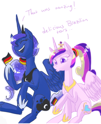 Size: 430x526 | Tagged: safe, artist:zaphy1415926, princess cadance, princess luna, alicorn, pony, brazil, football, germany, simple background, world cup