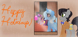 Size: 822x393 | Tagged: safe, artist:asksadistictrixie, derpibooru import, trixie, twilight sparkle, doctor who, female, fireplace, lesbian, shipping, snow, snowfall, twixie, window