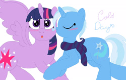 Size: 2315x1464 | Tagged: safe, artist:anniegamer, derpibooru import, trixie, twilight sparkle, twilight sparkle (alicorn), alicorn, pony, blushing, clothes, female, kissing, lesbian, mare, scarf, shipping, twixie