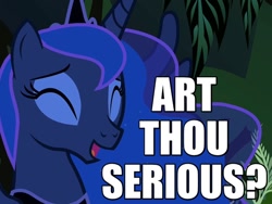 Size: 640x480 | Tagged: safe, edit, edited screencap, screencap, princess luna, alicorn, pony, luna eclipsed, caption, eyes closed, image macro, laughing, pun, reaction image, solo