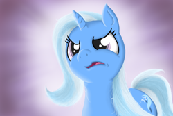 Size: 1800x1200 | Tagged: safe, artist:whiro153, derpibooru import, trixie, angry, frown, glare, glow, open mouth, simple background, solo, tongue out