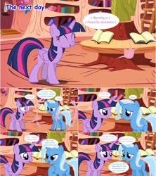 Size: 1284x1444 | Tagged: safe, artist:hakunohamikage, derpibooru import, trixie, twilight sparkle, twilight sparkle (alicorn), alicorn, pony, unicorn, ask, ask-princesssparkle, book, comic, engagement ring, eyes closed, female, golden oaks library, mare, teleportation, tumblr