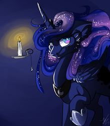 Size: 700x800 | Tagged: safe, artist:nicori, princess luna, alicorn, pony, candle, female, horn, mare, solo