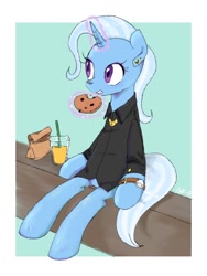 Size: 768x1024 | Tagged: safe, artist:kagitsuki, derpibooru import, trixie, clothes, cookie, ear piercing, food, jewelry, necklace, piercing, sitting, solo, watch, wristwatch