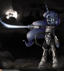 Size: 3462x3830 | Tagged: safe, artist:neko-me, princess luna, anthro, arm hooves, armor, clothes, moon, patreon, solo, torn clothes, warzone, weapon