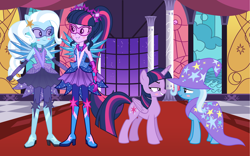 Size: 3744x2336 | Tagged: safe, artist:greenmachine987, artist:mixiepie, artist:pink1ejack, artist:themexicanpunisher, artist:wild-hearts, derpibooru import, sci-twi, trixie, twilight sparkle, twilight sparkle (alicorn), alicorn, pony, unicorn, equestria girls, legend of everfree, alternate universe, blushing, canterlot, cape, clothes, crystal guardian, eye contact, female, grin, hat, lesbian, looking at each other, mare, sci-twixie, shipping, smiling, trixie's cape, trixie's hat, twixie