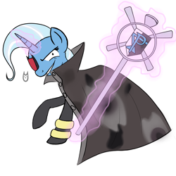 Size: 4000x4000 | Tagged: safe, artist:cartoonowl, derpibooru import, trixie, cape, clothes, evil, eyepatch, ghetsis, glowing horn, magic, pokémon, scepter, simple background, staff, team plasma, telekinesis, white background