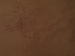 Size: 500x375 | Tagged: safe, artist:llulabeee, derpibooru import, rainbow dash, trixie, pegasus, pony, blushing, female, flying, lesbian, shipping, traditional art, trixdash