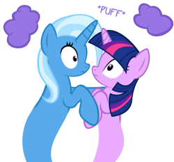 Size: 587x546 | Tagged: safe, artist:navitaserussirus, derpibooru import, trixie, twilight sparkle, asktwixiegenies, cloud, cropped, female, genie, lesbian, shipping, simple background, twixie, white background