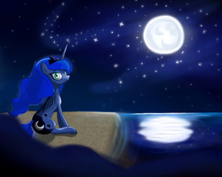 Size: 2000x1600 | Tagged: safe, artist:legendarymemory, princess luna, alicorn, pony, looking at you, moon, night, reflection, sitting, solo, stars, water
