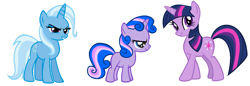 Size: 1634x560 | Tagged: safe, artist:themexicanpunisher, derpibooru import, sweetie belle, trixie, twilight sparkle, oc, pony, female, lesbian, magical lesbian spawn, offspring, parent:trixie, parent:twilight sparkle, parents:twixie, recolor, shipping, simple background, smiling, twixie