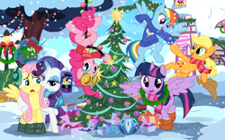 Size: 1278x800 | Tagged: safe, artist:pixelkitties, derpibooru import, applejack, fluttershy, pinkie pie, rainbow dash, rarity, trixie, twilight sparkle, twilight sparkle (alicorn), alicorn, earth pony, pegasus, pony, unicorn, princess twilight sparkle (episode), boots, christmas, christmas tree, clothes, earmuffs, female, flarity, holiday, lesbian, mane six, mare, mistletoe, mystery box of plot importance, phone, pinkie spy, plushie, scarf, shipping, show accurate, smartphone, sweater, tree