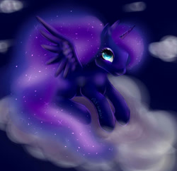 Size: 920x890 | Tagged: safe, artist:rick-wombat, princess luna, alicorn, pony, cloud, cloudy, prone, solo, spread wings