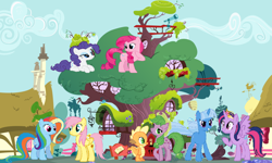 Size: 1024x615 | Tagged: safe, artist:diana173076, derpibooru import, applejack, fluttershy, pinkie pie, rainbow dash, rarity, spike, trixie, twilight sparkle, twilight sparkle (alicorn), alicorn, dragon, earth pony, pegasus, pony, unicorn, alternate hairstyle, alternate universe, applespike, female, flutterdash, golden oaks library, lesbian, male, ponyville, princess trixie sparkle, raripie, shipping, straight, twixie