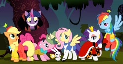 Size: 1289x670 | Tagged: dead source, safe, artist:catwhitney, derpibooru import, angel bunny, applejack, fluttershy, pinkie pie, rainbow dash, rarity, twilight sparkle, earth pony, pegasus, pony, unicorn, alice in wonderland, bowtie, cheshire cat, crossover, crown, frock coat, jewelry, mad hatter, mane six, pinafore, queen of hearts, regalia, top hat, trousers, twilight cat