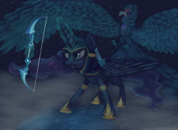 Size: 3508x2552 | Tagged: safe, artist:sanya-mosaica, princess luna, alicorn, phoenix, pony, anivia, ashe, bow (weapon), crossover, duo, female, hood, ice phoenix, league of legends, magic, magic aura, mare, quiver, spread wings, telekinesis, wings