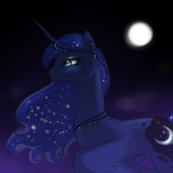 Size: 640x640 | Tagged: safe, artist:bhappybug, princess luna, alicorn, pony, earring, horn jewelry, jewelry, moon, necklace, night, piercing, solo, spread wings