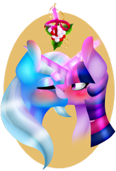 Size: 1108x1637 | Tagged: safe, artist:princessara0, derpibooru import, trixie, twilight sparkle, bust, female, kissing, lesbian, mistleholly, mistletoe, shipping, simple background, transparent background, twixie