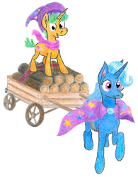 Size: 1584x2032 | Tagged: safe, artist:pony-from-everfree, derpibooru import, snails, trixie, cart, clothes, firewood, scarf, traditional art, wood