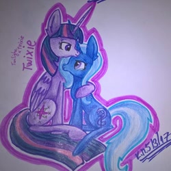 Size: 480x480 | Tagged: artist needed, safe, derpibooru import, trixie, twilight sparkle, twilight sparkle (alicorn), alicorn, female, lesbian, shipping, traditional art, twixie