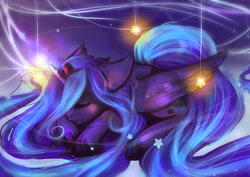 Size: 1024x724 | Tagged: safe, artist:wilvarin-liadon, princess luna, alicorn, pony, cute, eyes closed, female, lunabetes, mare, prone, sleeping, solo, stars, unshorn fetlocks