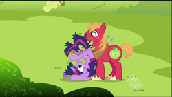 Size: 1000x563 | Tagged: safe, derpibooru import, screencap, big macintosh, twilight sparkle, earth pony, pony, unicorn, lesson zero, bucket, female, hub logo, male, mare, messy mane, mouth hold, out of context, stallion