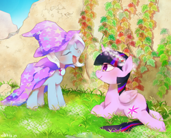 Size: 1076x871 | Tagged: safe, artist:chi-hayu, derpibooru import, trixie, twilight sparkle, twilight sparkle (alicorn), alicorn, pony, blushing, female, floral head wreath, lesbian, mare, shipping, twixie