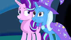 Size: 3264x1836 | Tagged: safe, artist:raribelle, derpibooru import, starlight glimmer, trixie, pony, unicorn, cape, clothes, duo, female, hat, mare, smiling, smirk, trixie's cape, trixie's hat