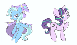 Size: 2063x1200 | Tagged: safe, artist:1drfl_world_end, derpibooru import, starlight glimmer, trixie, pony, unicorn, cape, clothes, duo, equal cutie mark, female, hat, looking at each other, mare, simple background, trixie's cape, trixie's hat, white background