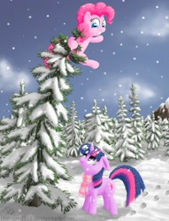 Size: 1525x2000 | Tagged: safe, artist:overlord103, derpibooru import, pinkie pie, twilight sparkle, unicorn twilight, earth pony, pony, unicorn, clothes, fir tree, forest, scarf, snow, snowfall, winter