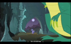 Size: 1024x640 | Tagged: safe, derpibooru import, screencap, reginald, twilight sparkle, dragon, owl's well that ends well, green dragon, youtube caption