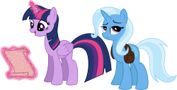 Size: 14615x7500 | Tagged: safe, artist:mactavish1996, artist:willowtails, derpibooru import, trixie, twilight sparkle, twilight sparkle (alicorn), alicorn, pony, absurd resolution, backpack, eyeroll, female, magic, mare, saddle bag, simple background, transparent background, vector