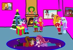 Size: 1077x741 | Tagged: safe, artist:ktd1993, derpibooru import, adagio dazzle, aria blaze, sci-twi, sonata dusk, sunset shimmer, trixie, twilight sparkle, oc, oc:contralto, oc:cupcake slash, equestria girls, christmas, clothes, disguised siren, female, frosty the snowman, holiday, lesbian, nightgown, rudolph the red nosed reindeer, shipping, sunblaze, triagio, twinata