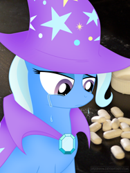 Size: 1914x2545 | Tagged: safe, artist:iflysna94, derpibooru import, trixie, pony, unicorn, crying, drugs, female, hat, mare, medicine, pills, sad, solo, trixie's cape, trixie's hat