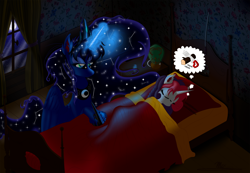 Size: 4072x2815 | Tagged: safe, artist:max, princess luna, sweetie belle, alicorn, pony, bed, bedroom, constellation, moon, moonlight, night, requested art, sleeping, snoring