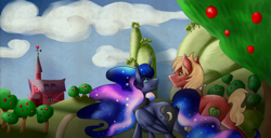 Size: 1024x523 | Tagged: safe, artist:baffleddingo, big macintosh, princess luna, alicorn, earth pony, pony, commission, farm, lunamac, male, shipping, stallion, straight