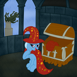 Size: 3000x3000 | Tagged: safe, artist:fetchbeer, derpibooru import, trixie, pony, unicorn, crossover, discworld, female, high res, mare, rincewind, solo, the luggage